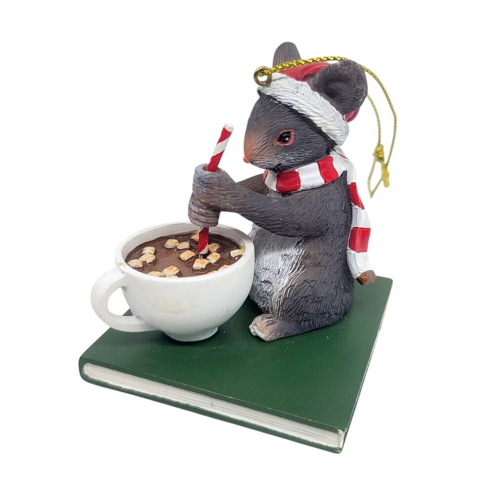 Vtg Nostalgic Mouse Stirring Cup Hot Cocoa On Christmas Book Ornament 2.75" CL2